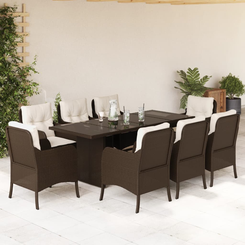 Vetonek Set comedor para jardín 9 pzas y cojines ratán sintético marrón