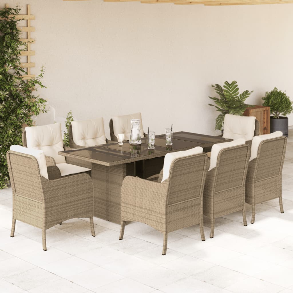 Vetonek Set comedor de jardín 9 pzas con cojines ratán sintético beige