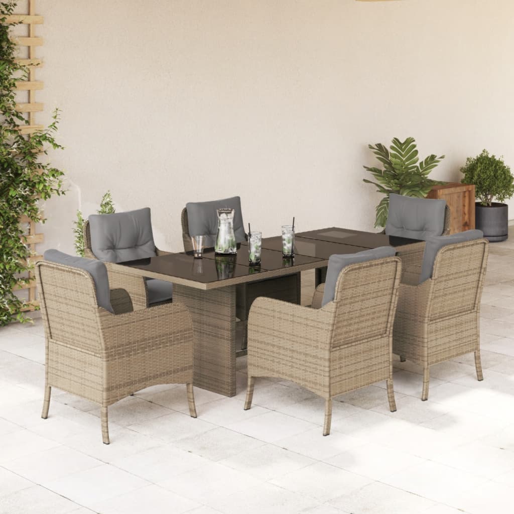 Vetonek Set comedor de jardín 7 pzas con cojines ratán sintético beige