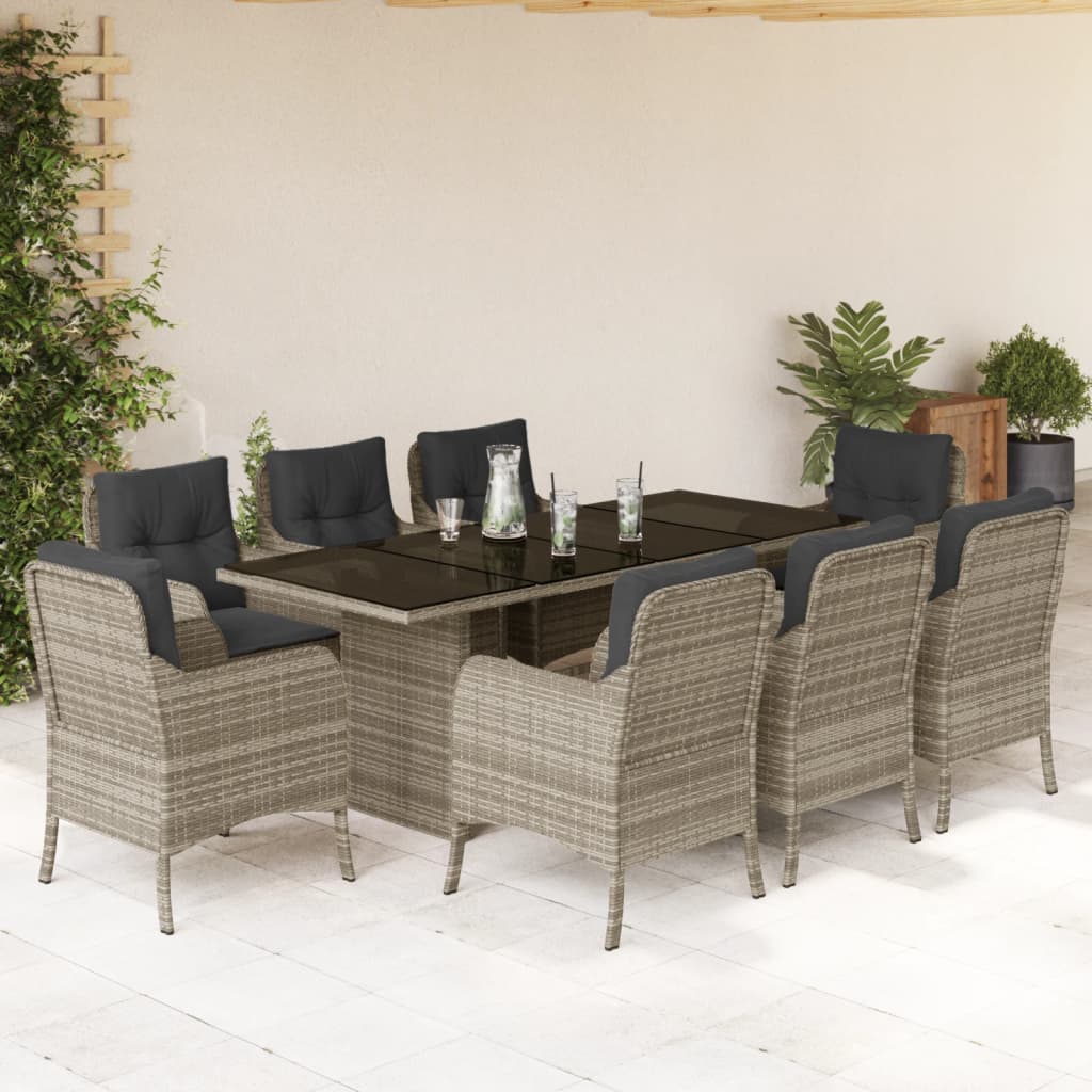 Vetonek Set comedor de jardín 9 pzas cojines ratán sintético gris claro