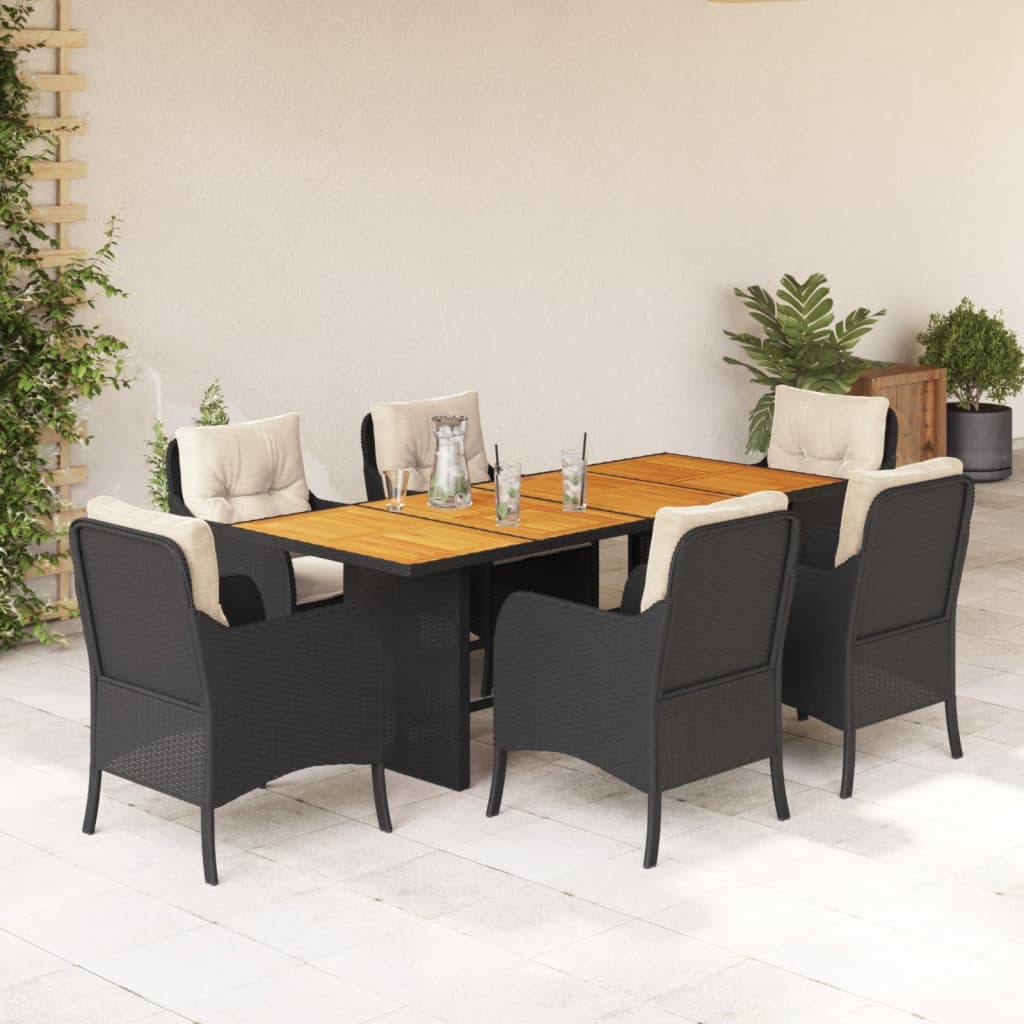 Vetonek Set de comedor de jardín 7 pzas y cojines ratán sintético negro