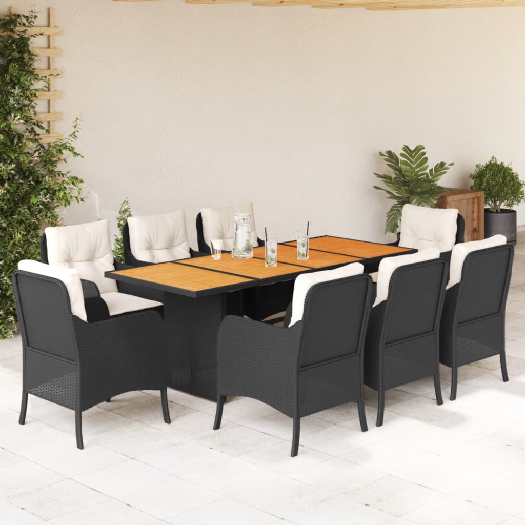 Vetonek Set de comedor de jardín 9 pzas y cojines ratán sintético negro