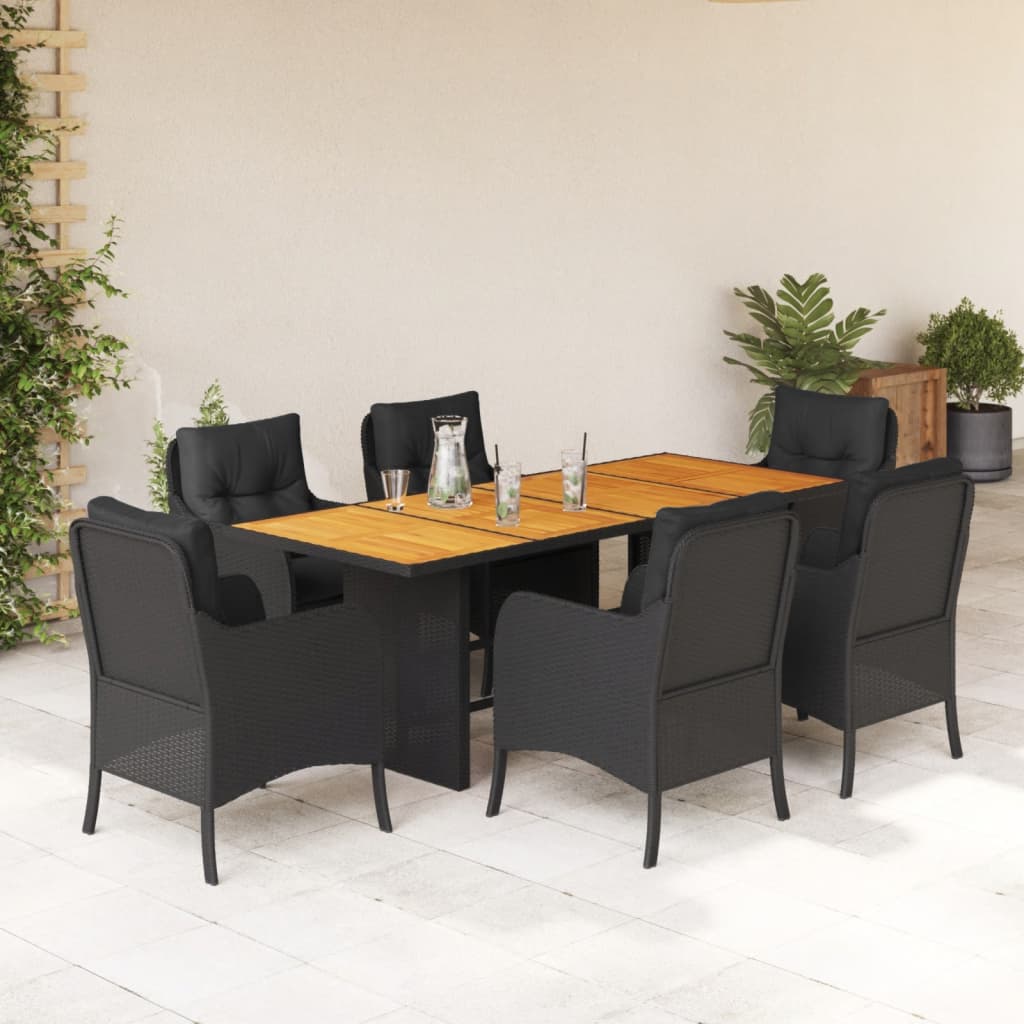 Vetonek Set de comedor de jardín 7 pzas y cojines ratán sintético negro