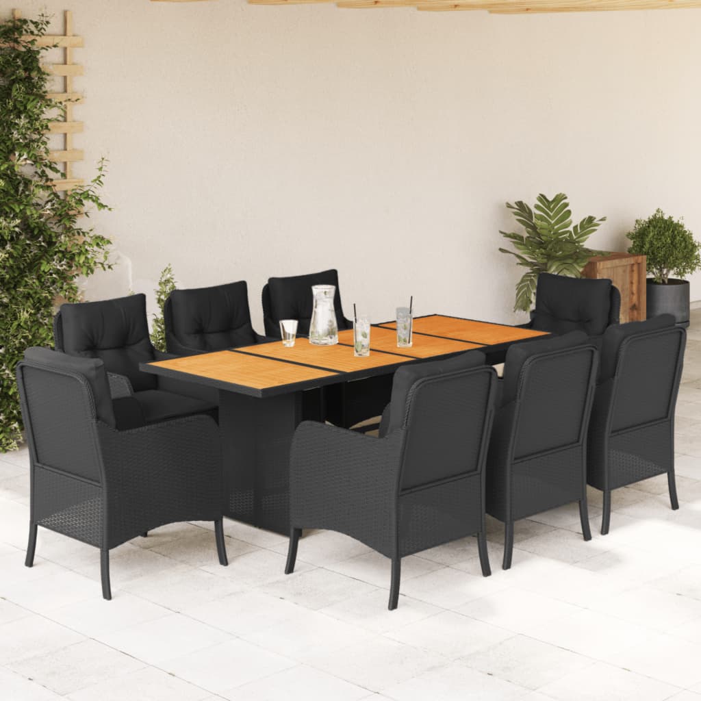 Vetonek Set de comedor de jardín 9 pzas y cojines ratán sintético negro