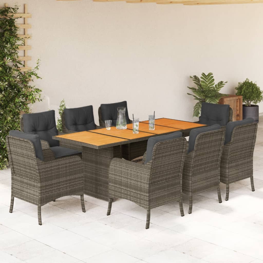 Vetonek Set comedor jardín 9 pzas y cojines ratán sintético gris