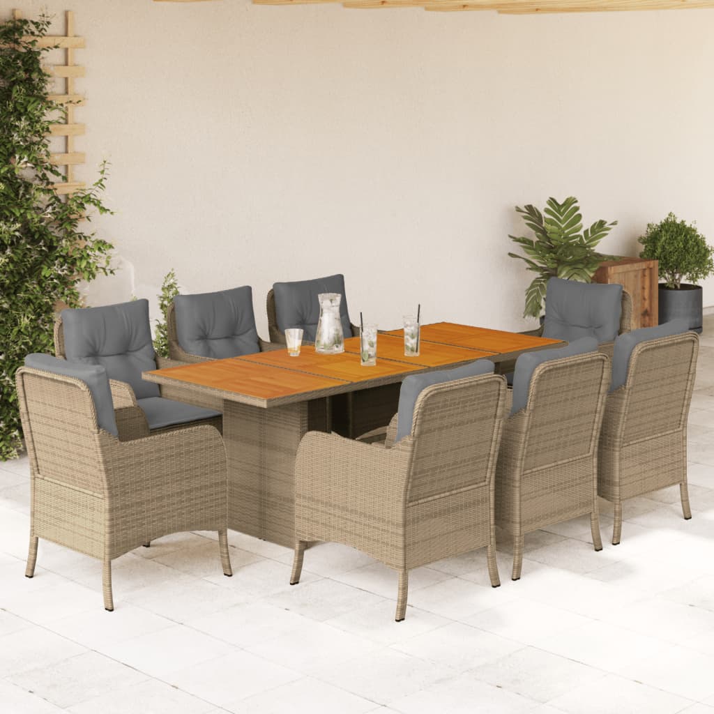 Vetonek Set comedor de jardín 9 pzas con cojines ratán sintético beige