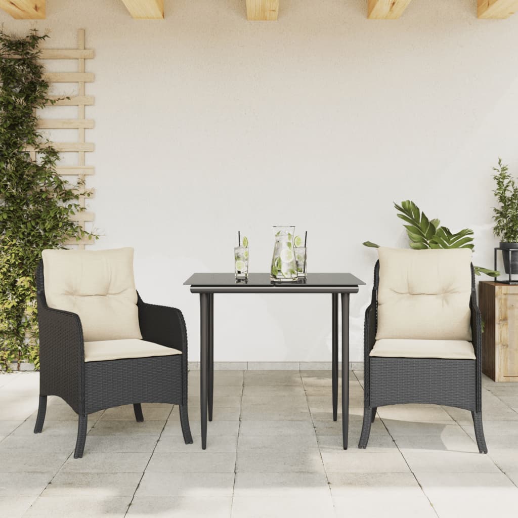 Vetonek Set comedor de jardín 3 pzas con cojines ratán sintético negro