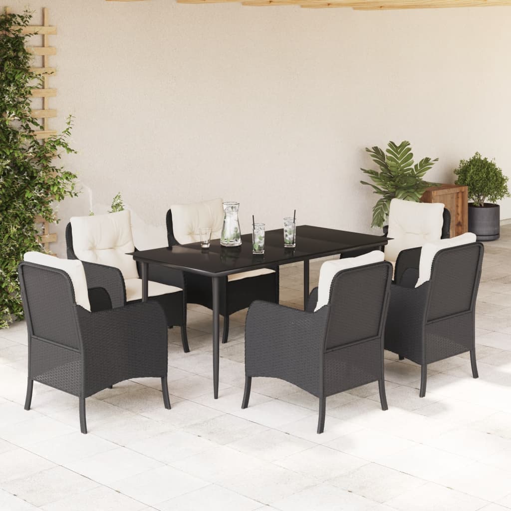 Vetonek Set de comedor de jardín 7 pzas y cojines ratán sintético negro