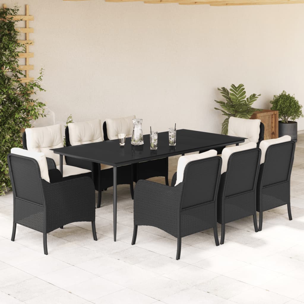 Vetonek Set de comedor de jardín 9 pzas y cojines ratán sintético negro