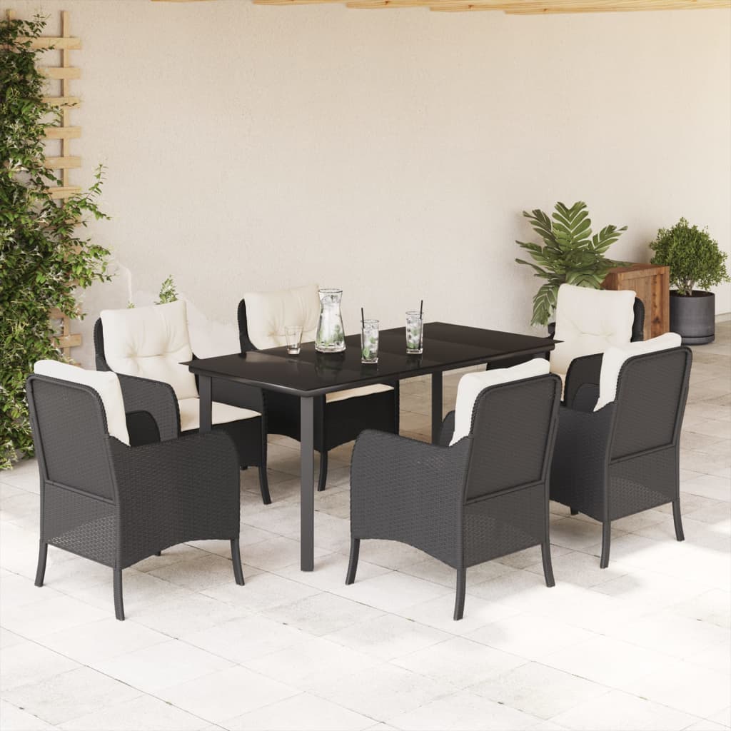 Vetonek Set de comedor de jardín 7 pzas y cojines ratán sintético negro