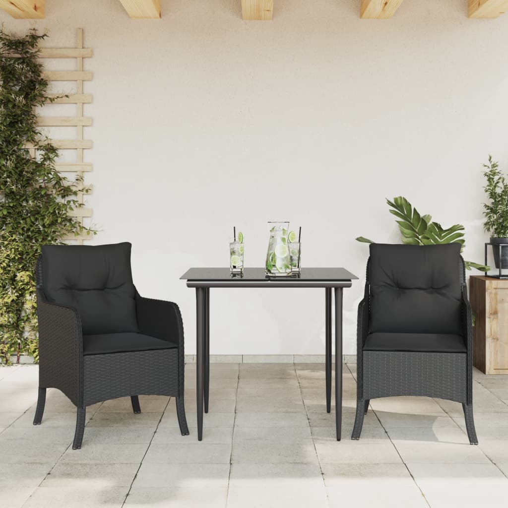 Vetonek Set comedor de jardín 3 pzas con cojines ratán sintético negro