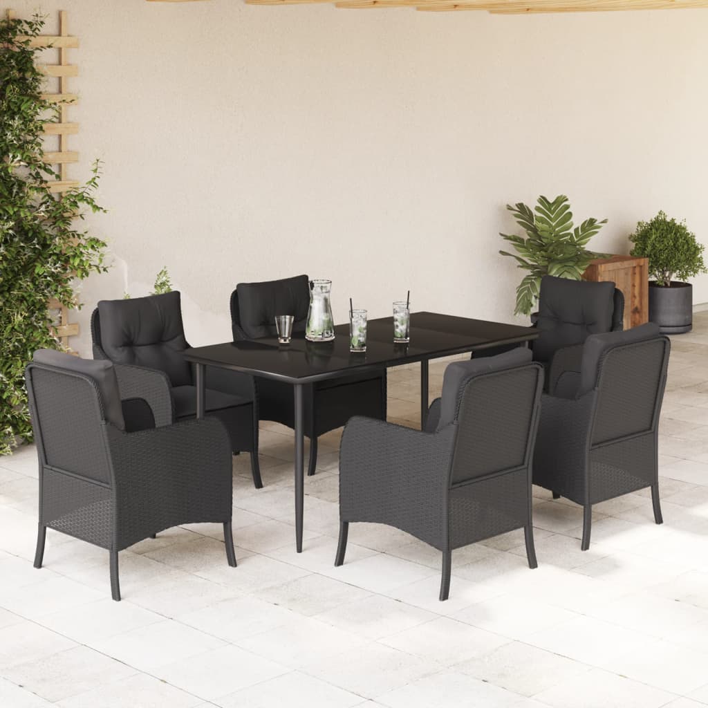 Vetonek Set de comedor de jardín 7 pzas y cojines ratán sintético negro