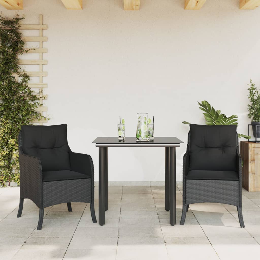 Vetonek Set comedor de jardín 3 pzas con cojines ratán sintético negro