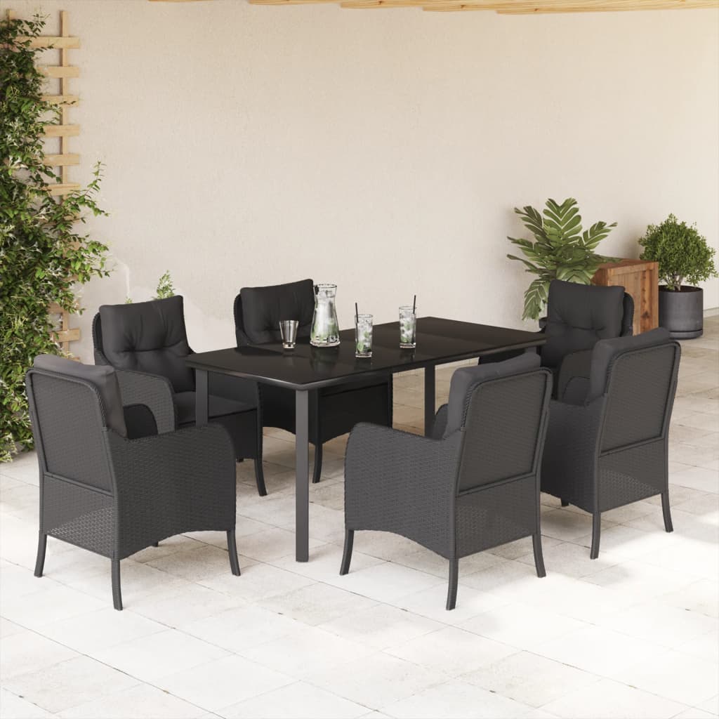 Vetonek Set de comedor de jardín 7 pzas y cojines ratán sintético negro