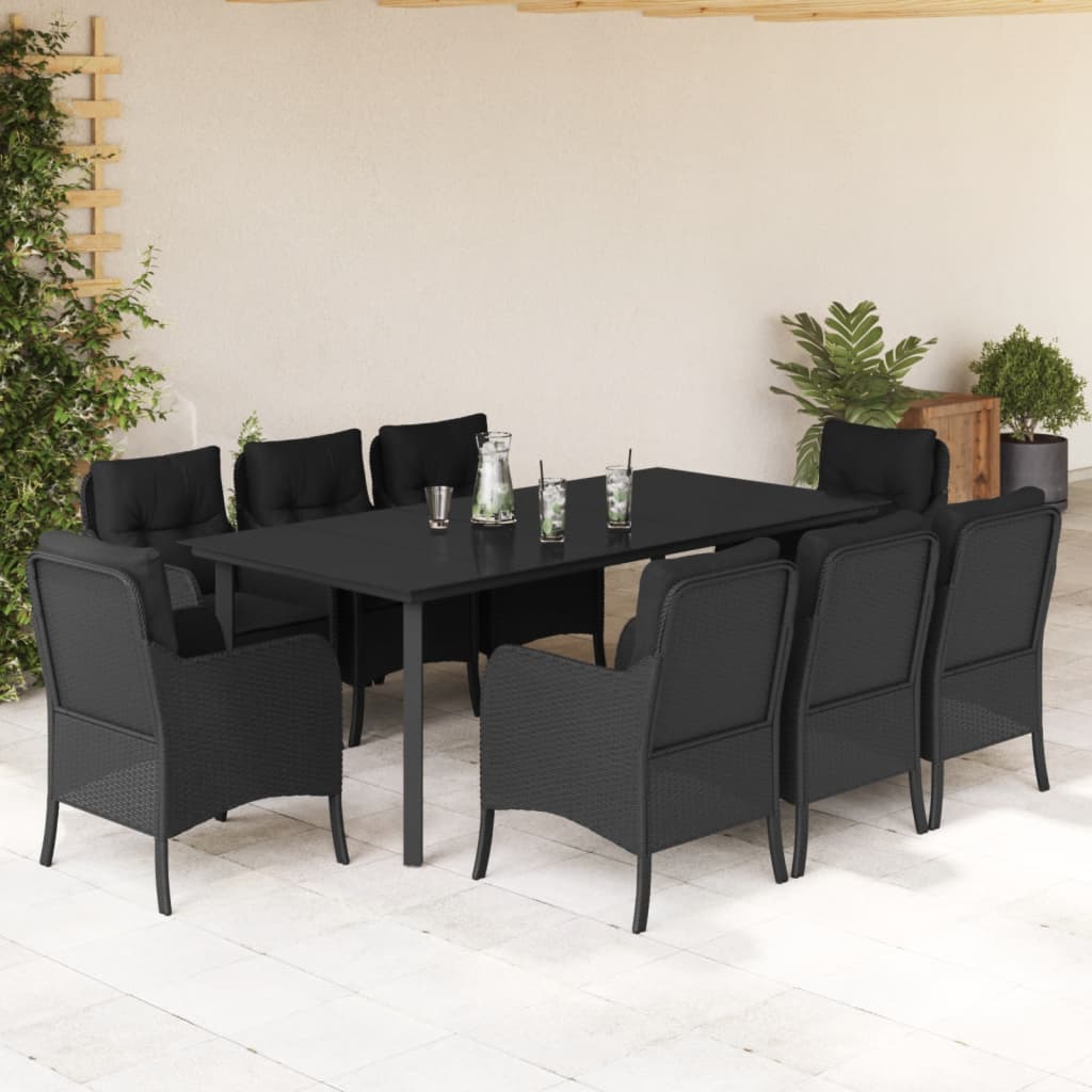 Vetonek Set de comedor de jardín 9 pzas y cojines ratán sintético negro