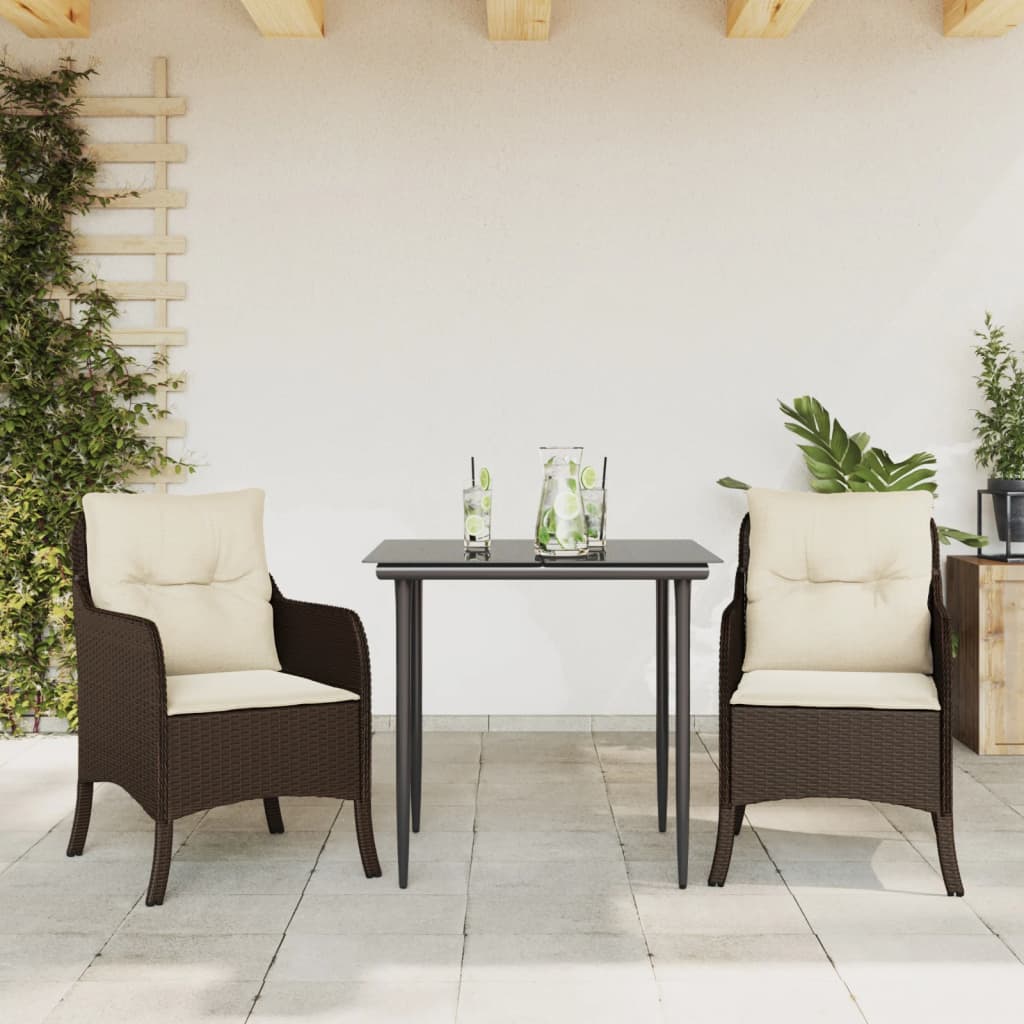 Vetonek Set comedor de jardín 3 piezas y cojines ratán sintético marrón