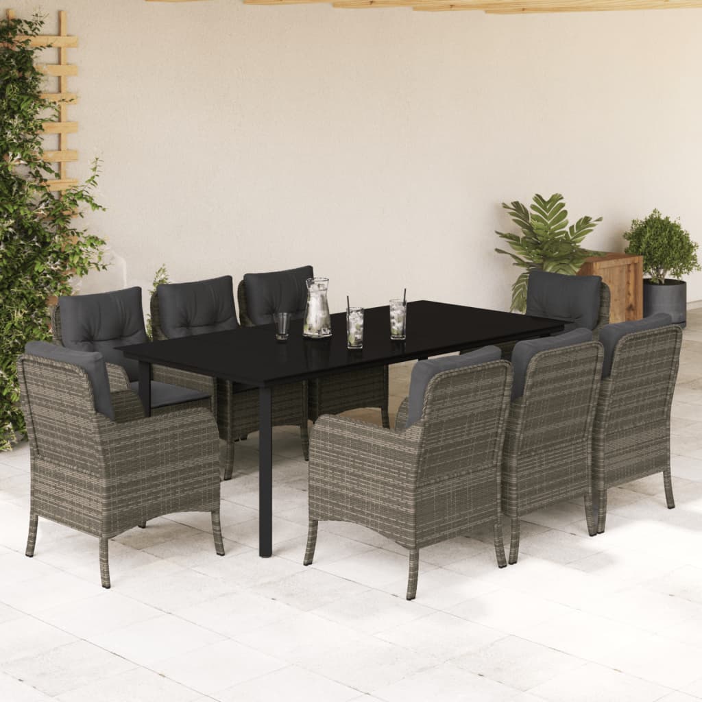 Vetonek Set comedor jardín 9 pzas y cojines ratán sintético gris