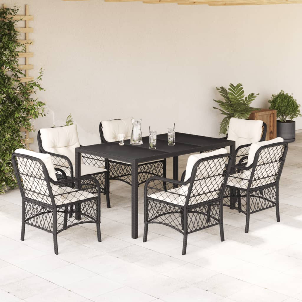 Vetonek Set de comedor de jardín 7 pzas y cojines ratán sintético negro