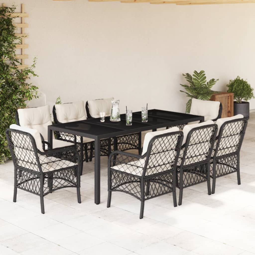 Vetonek Set de comedor de jardín 9 pzas y cojines ratán sintético negro