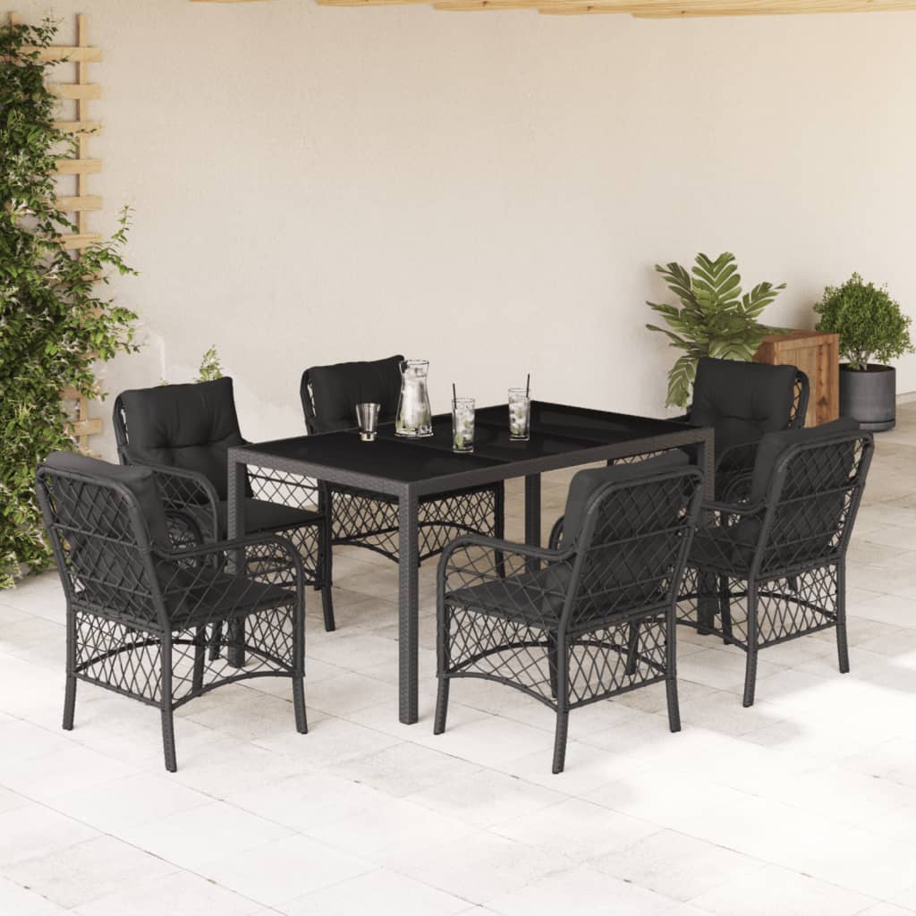 Vetonek Set de comedor de jardín 7 pzas y cojines ratán sintético negro