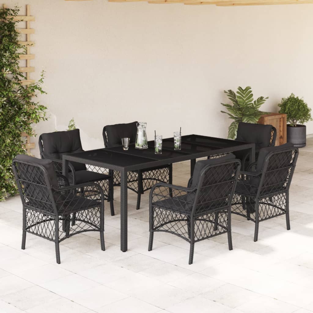 Vetonek Set de comedor de jardín 7 pzas y cojines ratán sintético negro