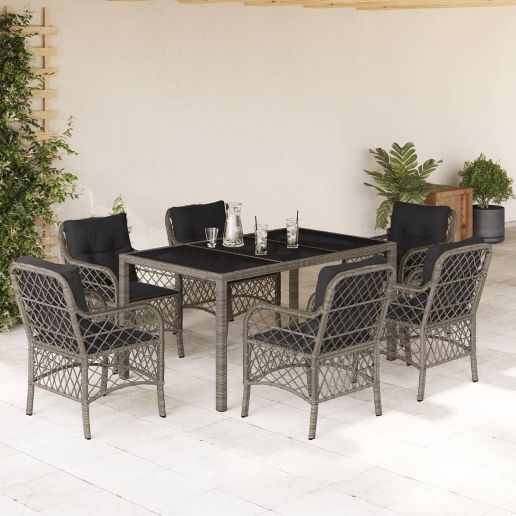 Vetonek Set comedor jardín 7 pzas y cojines ratán sintético gris