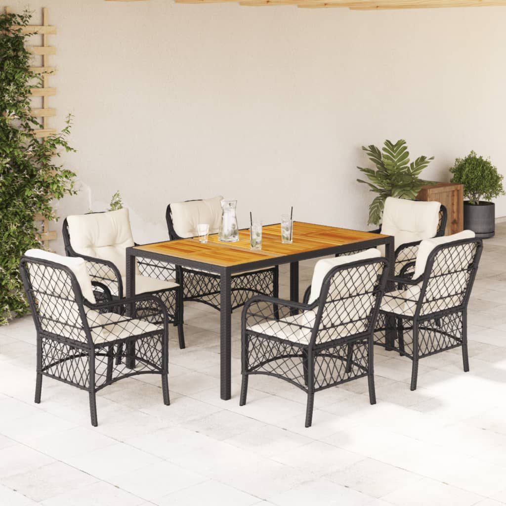 Vetonek Set de comedor de jardín 7 pzas y cojines ratán sintético negro