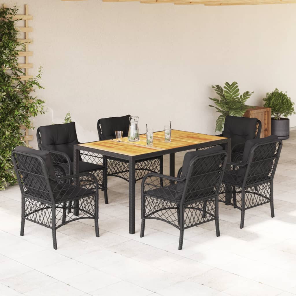 Vetonek Set de comedor de jardín 7 pzas y cojines ratán sintético negro