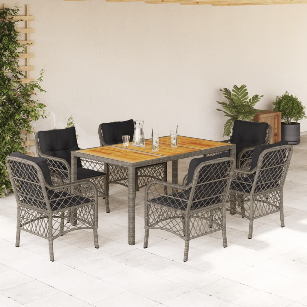 Vetonek Set comedor jardín 7 pzas y cojines ratán sintético gris