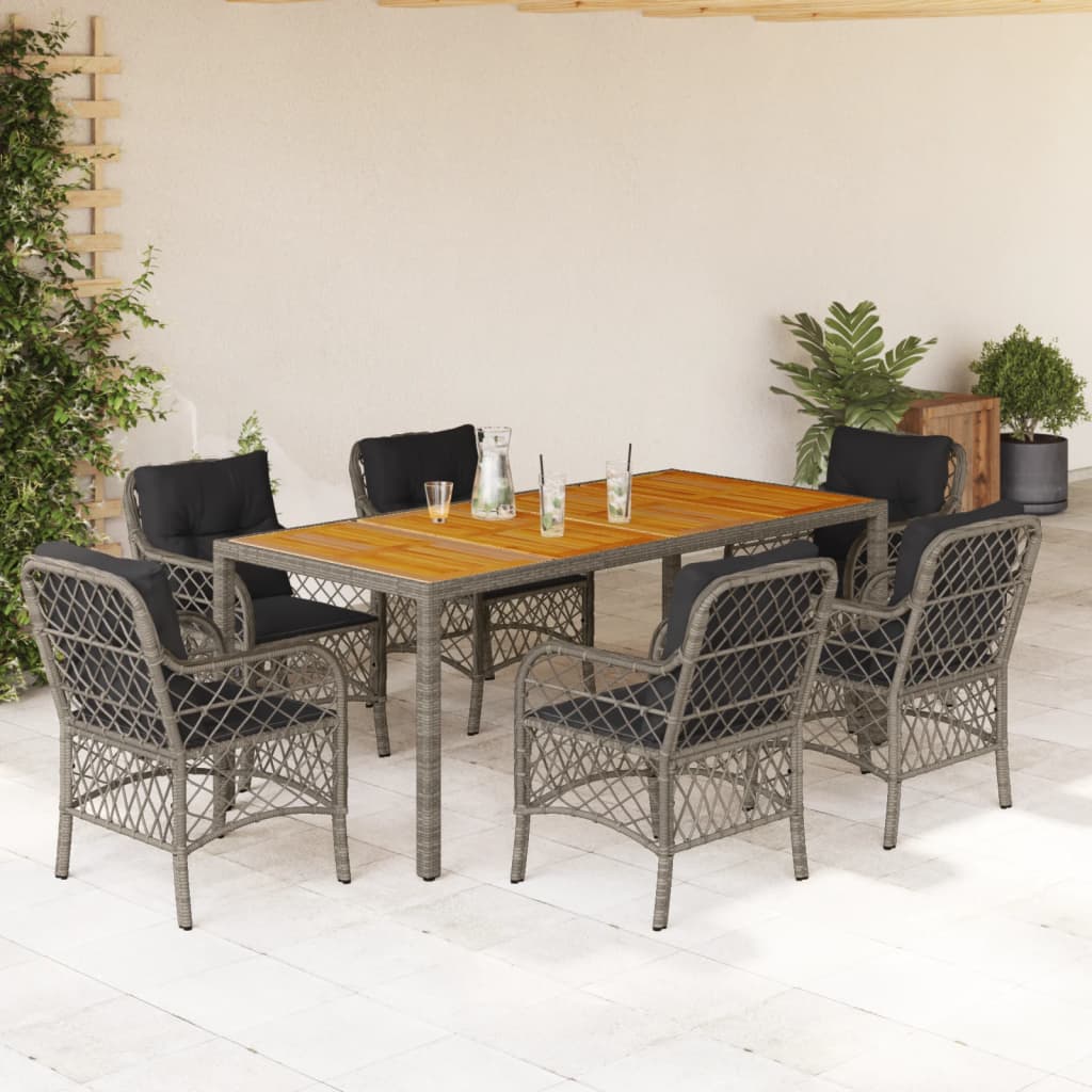 Vetonek Set comedor jardín 7 pzas y cojines ratán sintético gris