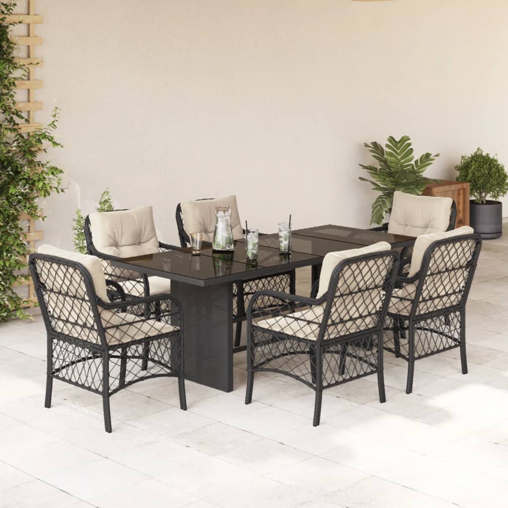 Vetonek Set de comedor de jardín 7 pzas y cojines ratán sintético negro