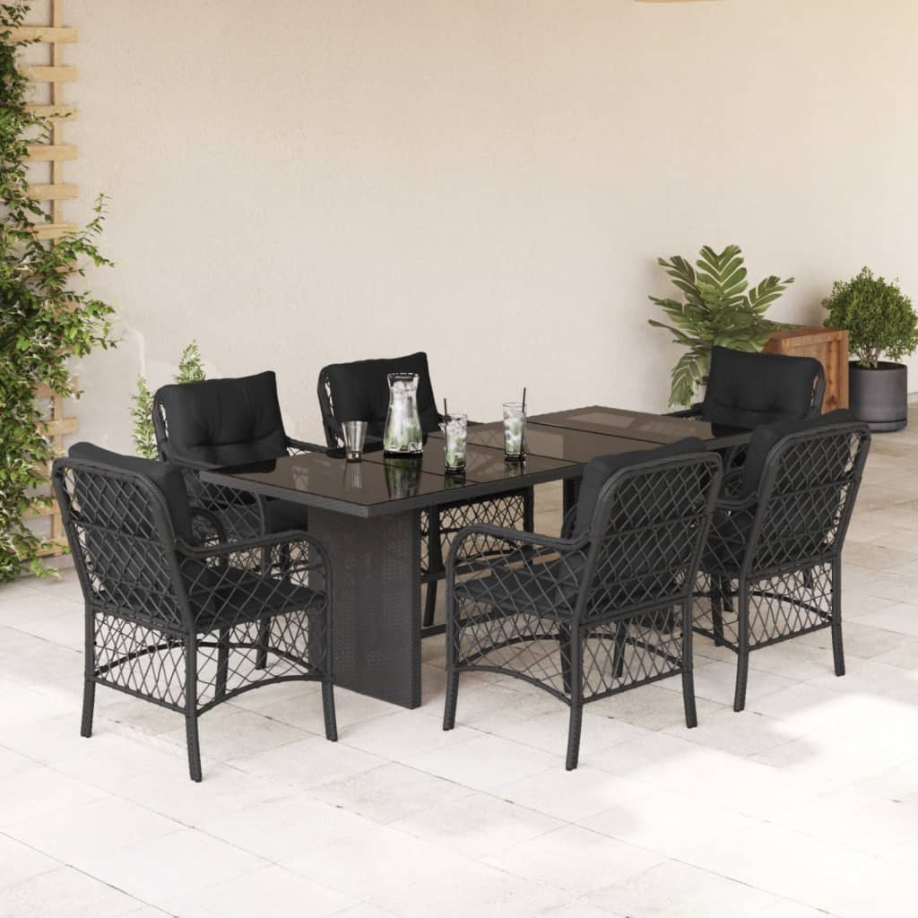 Vetonek Set de comedor de jardín 7 pzas y cojines ratán sintético negro