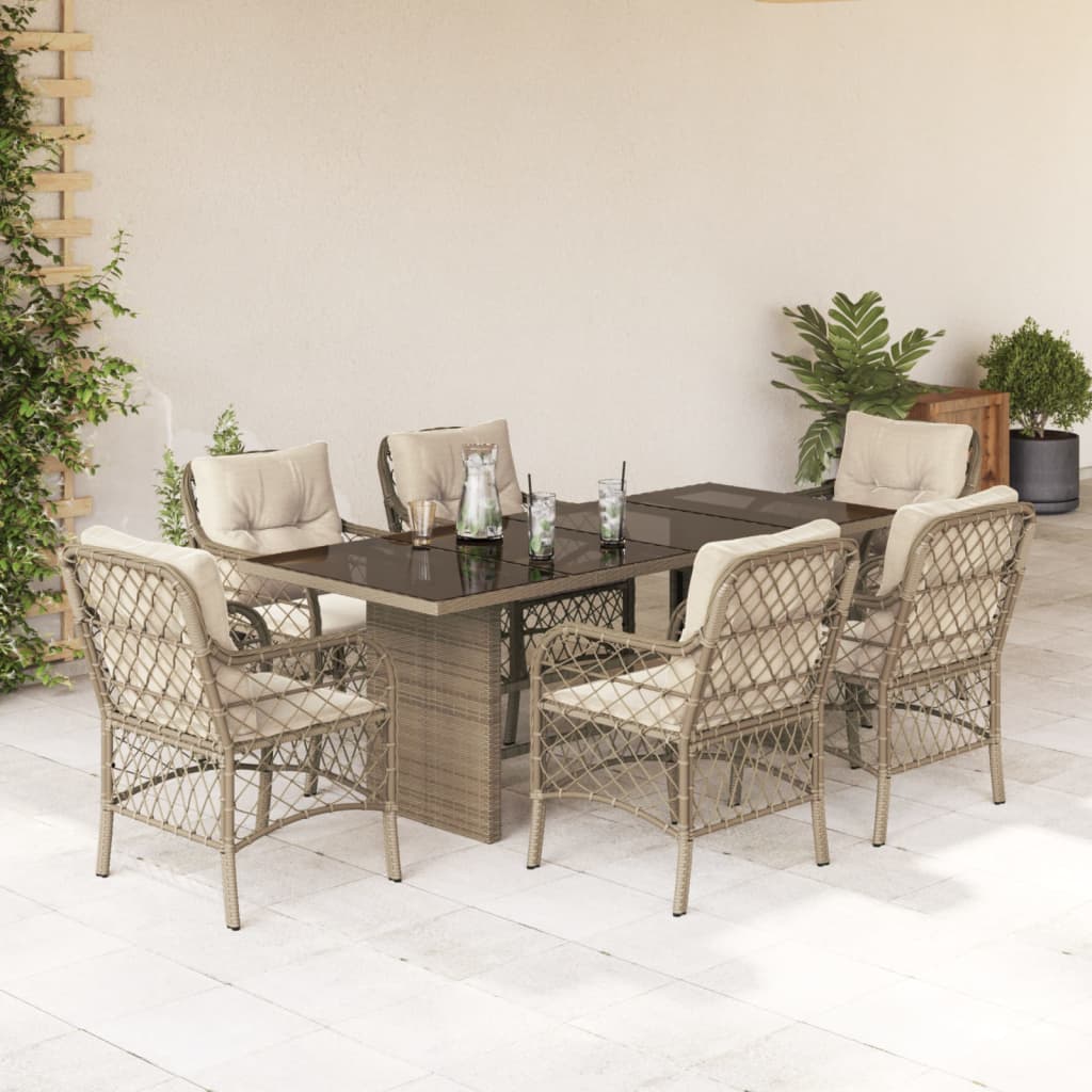 Vetonek Set comedor de jardín 7 pzas con cojines ratán sintético beige