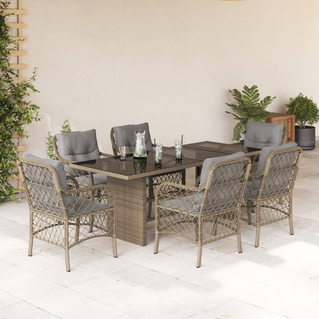 Vetonek Set comedor de jardín 7 pzas con cojines ratán sintético beige