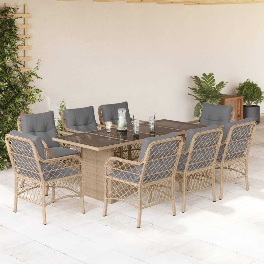 Vetonek Set comedor de jardín 9 pzas con cojines ratán sintético beige