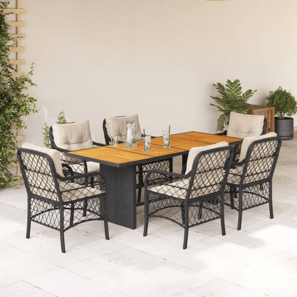 Vetonek Set de comedor de jardín 7 pzas y cojines ratán sintético negro