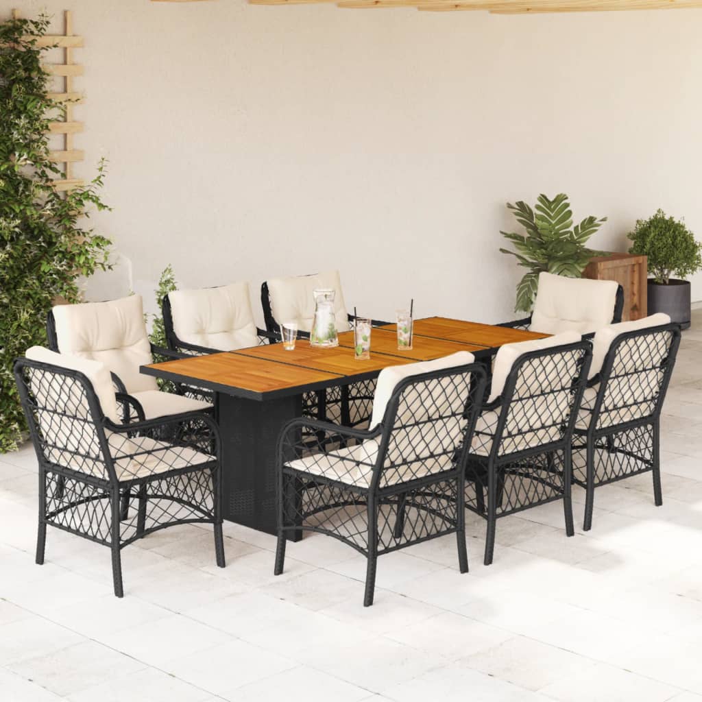 Vetonek Set de comedor de jardín 9 pzas y cojines ratán sintético negro