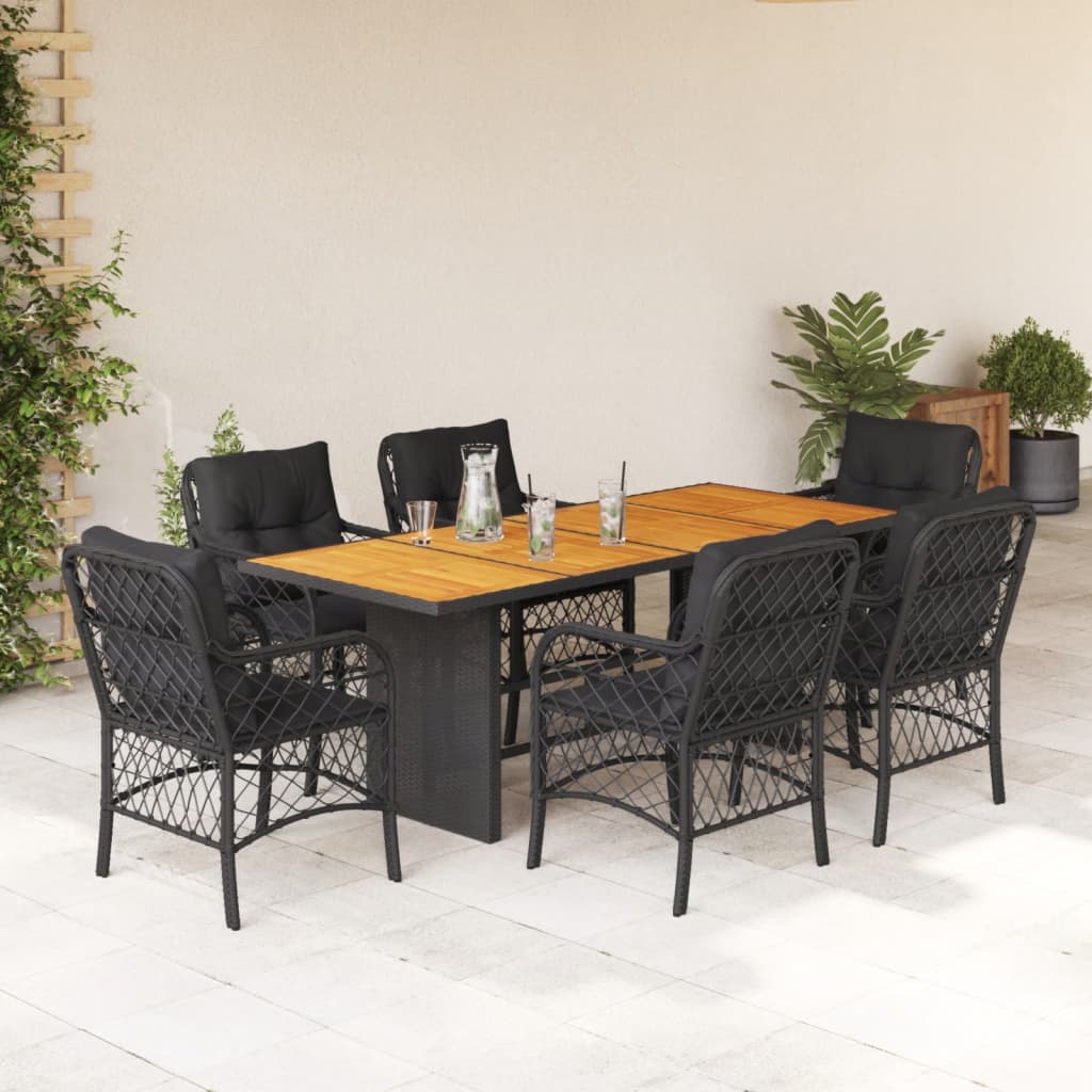 Vetonek Set de comedor de jardín 7 pzas y cojines ratán sintético negro