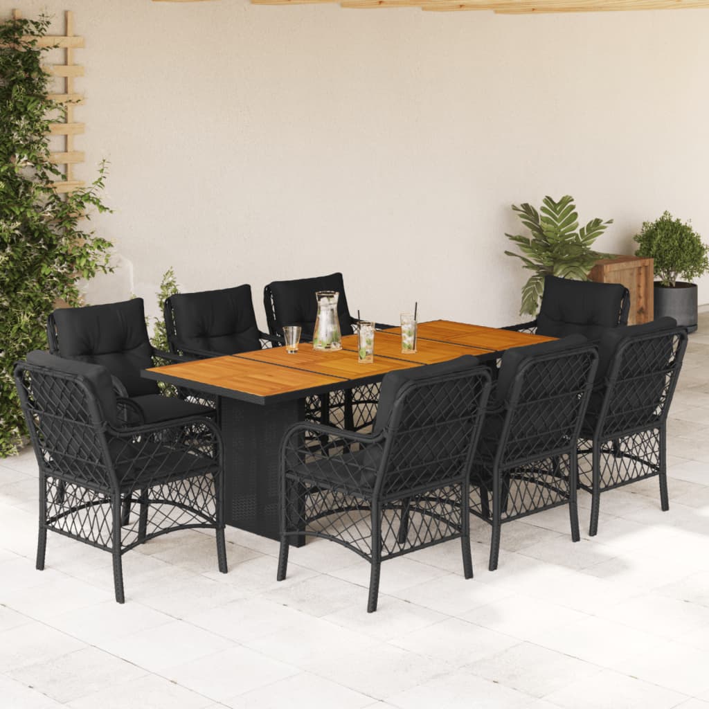 Vetonek Set de comedor de jardín 9 pzas y cojines ratán sintético negro