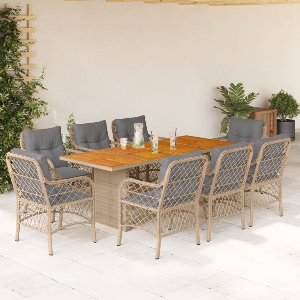 Vetonek Set comedor de jardín 9 pzas con cojines ratán sintético beige