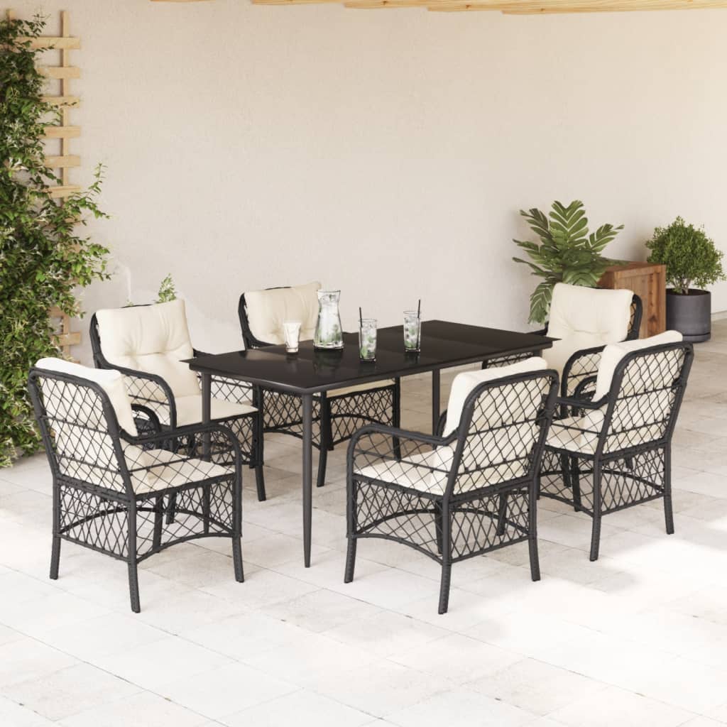 Vetonek Set de comedor de jardín 7 pzas y cojines ratán sintético negro