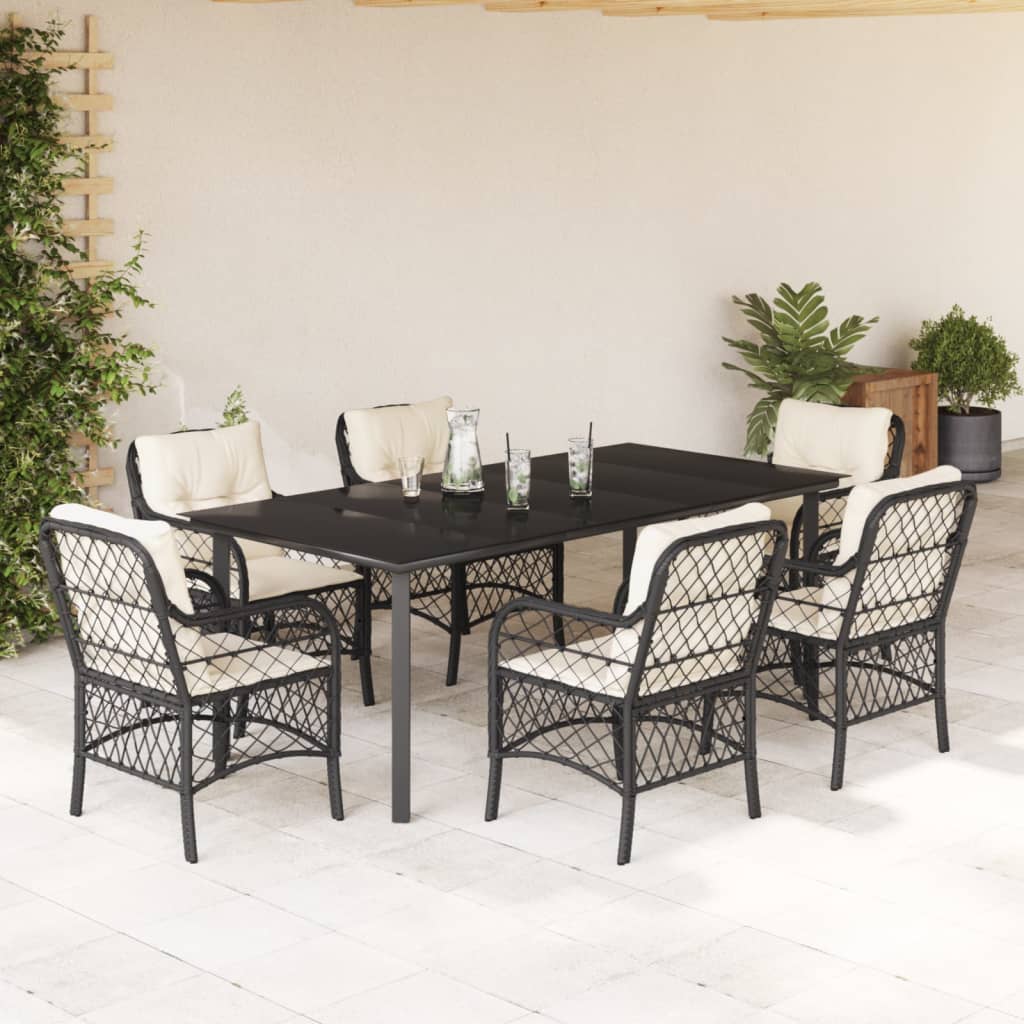 Vetonek Set de comedor de jardín 7 pzas y cojines ratán sintético negro