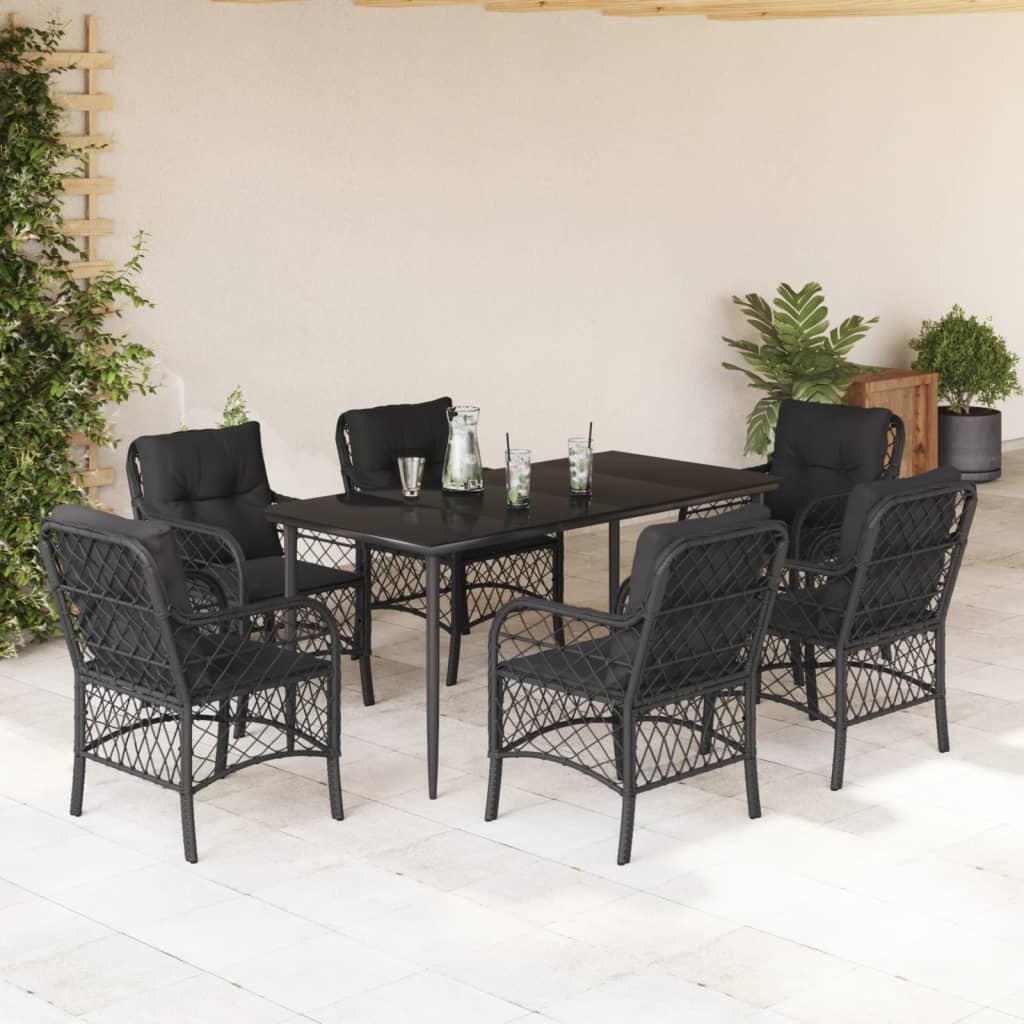 Vetonek Set de comedor de jardín 7 pzas y cojines ratán sintético negro