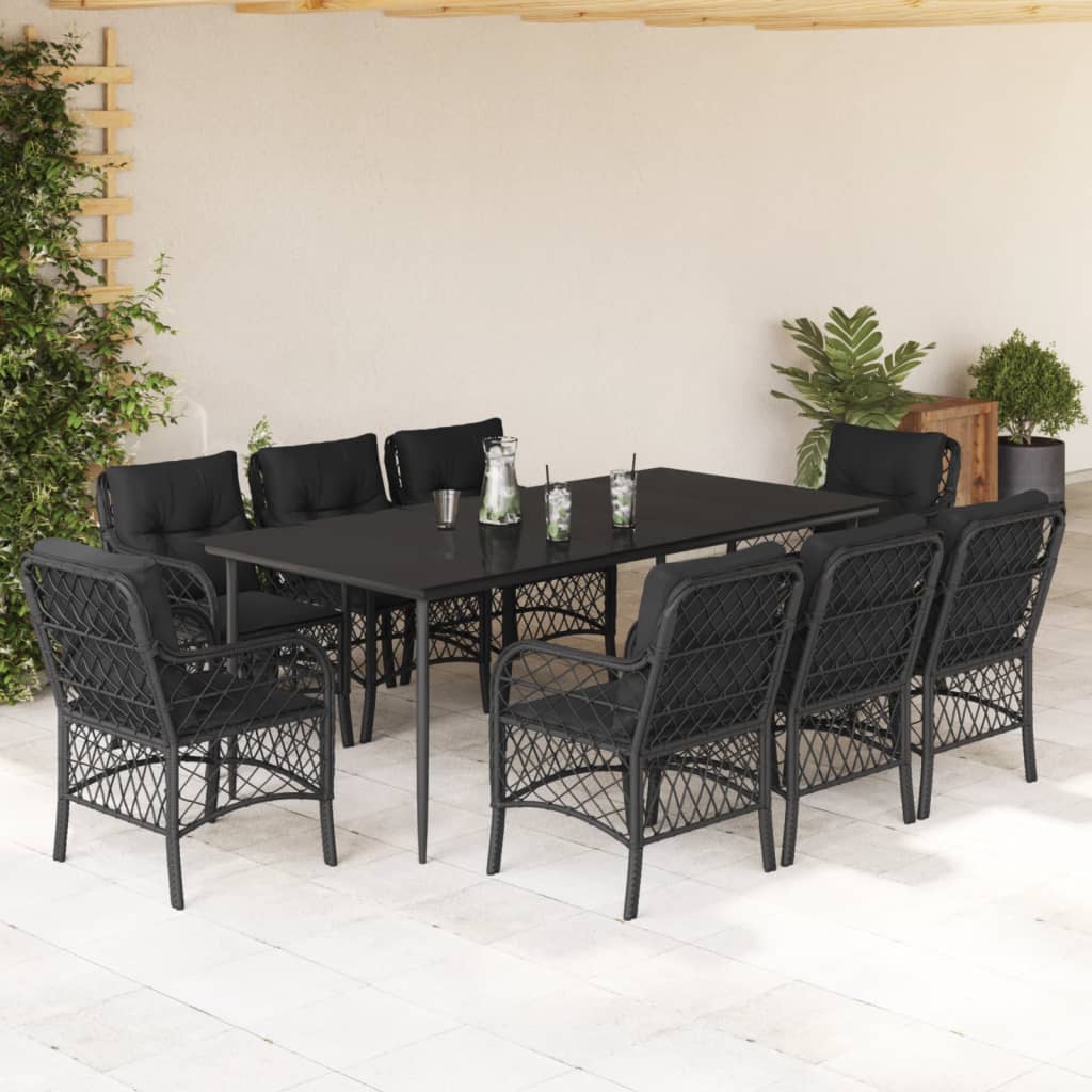 Vetonek Set de comedor de jardín 9 pzas y cojines ratán sintético negro