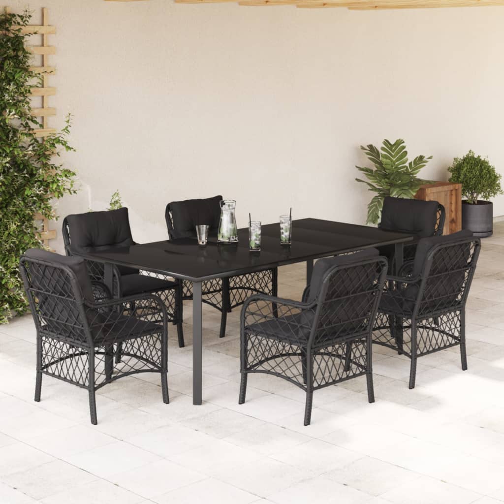 Vetonek Set de comedor de jardín 7 pzas y cojines ratán sintético negro