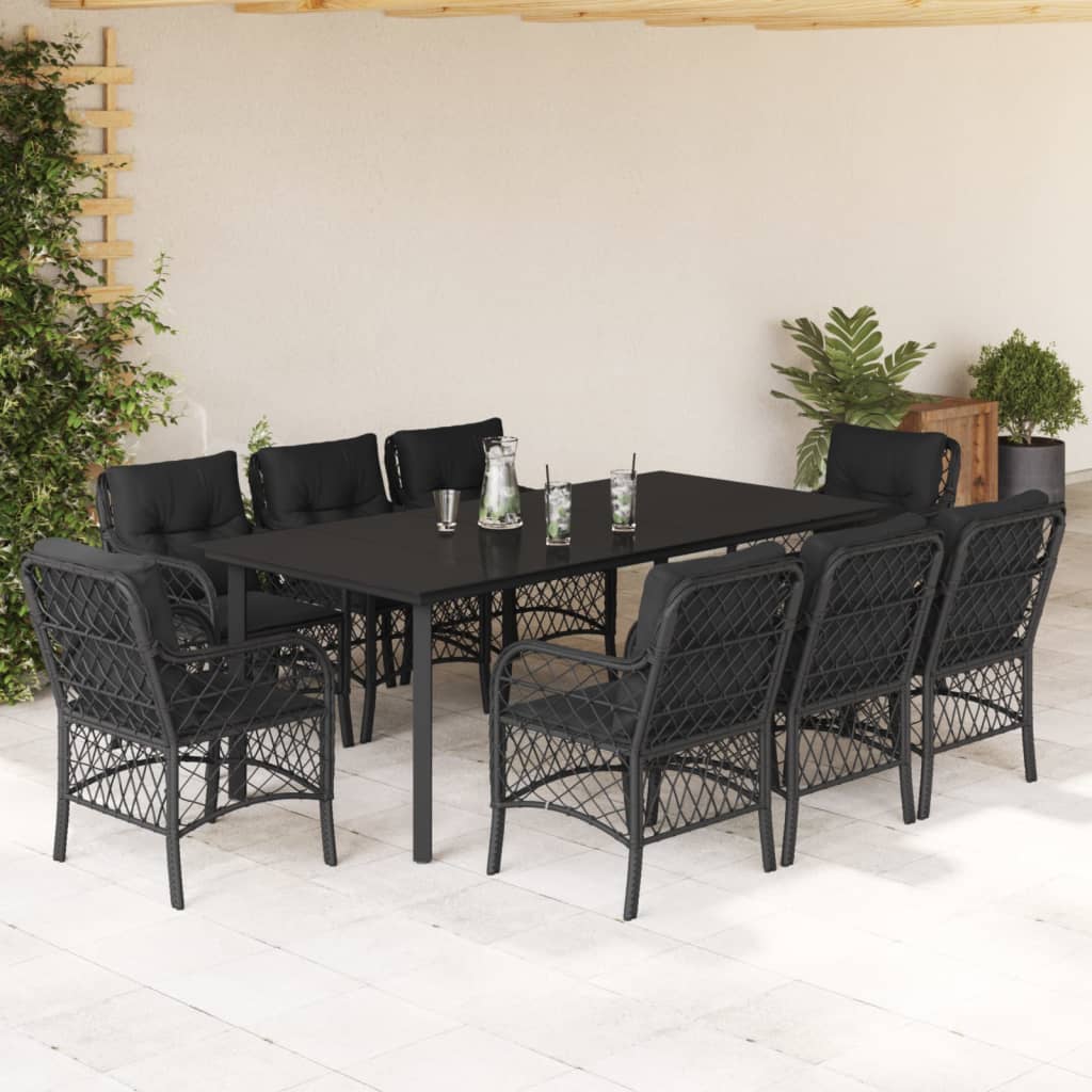 Vetonek Set de comedor de jardín 9 pzas y cojines ratán sintético negro