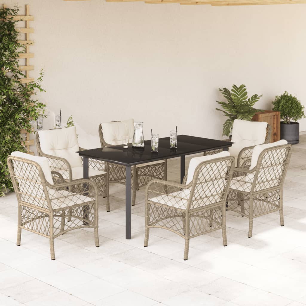 Vetonek Set comedor de jardín 7 pzas con cojines ratán sintético beige