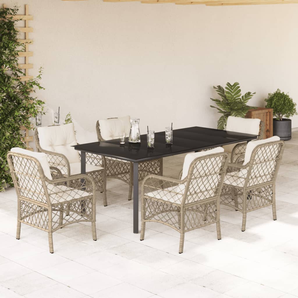 Vetonek Set comedor de jardín 7 pzas con cojines ratán sintético beige