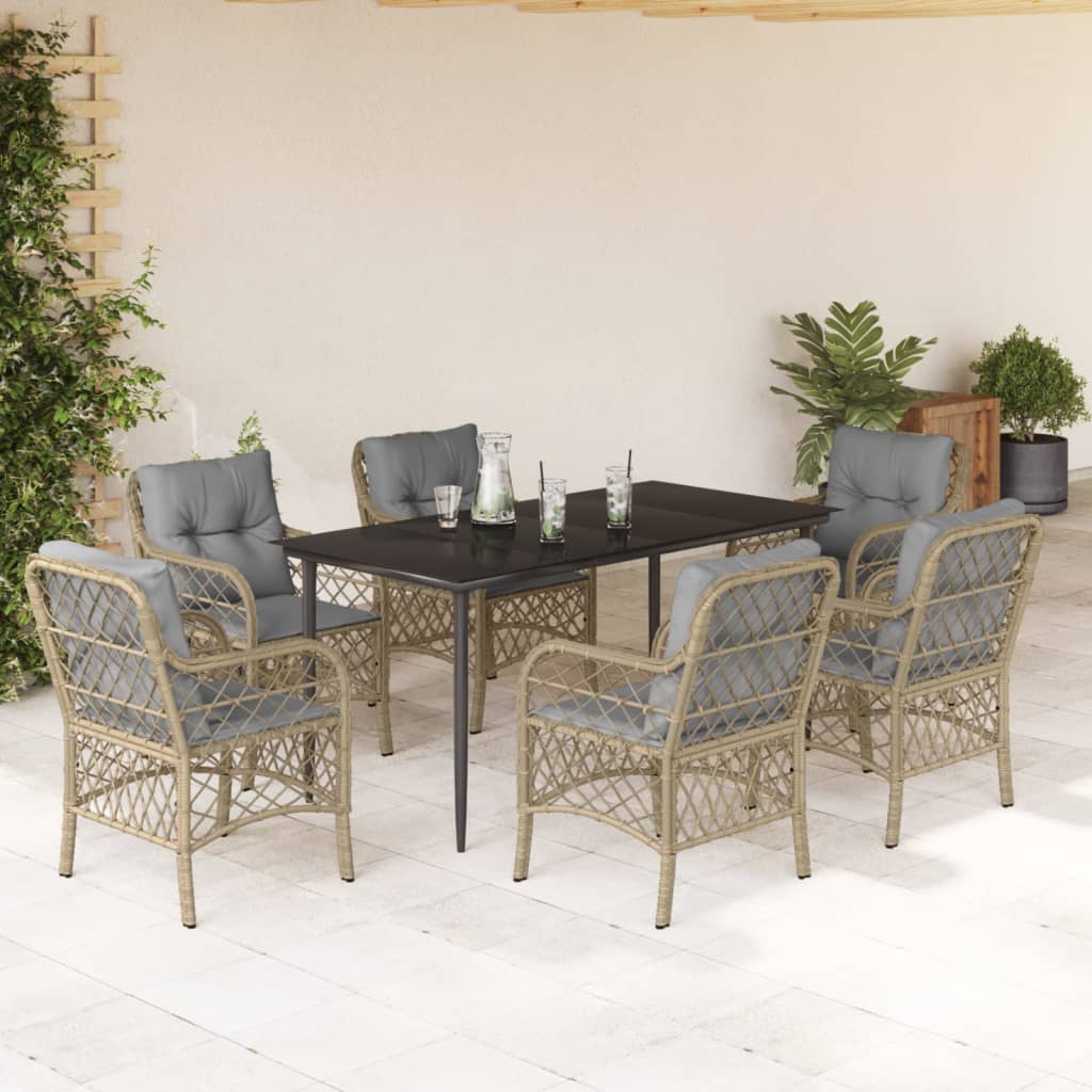 Vetonek Set comedor de jardín 7 pzas con cojines ratán sintético beige