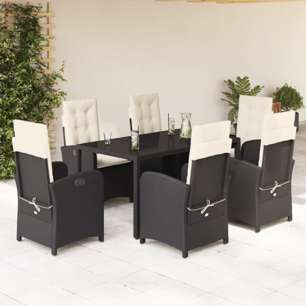 Vetonek Set de comedor de jardín 7 pzas y cojines ratán sintético negro